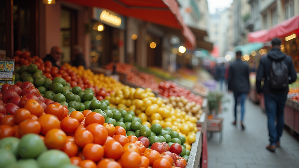 Eye-level view of a vibrant outdoor market filled with diverse products