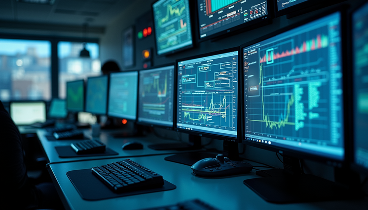Eye-level view of an industrial SCADA control room with multiple screens displaying process data