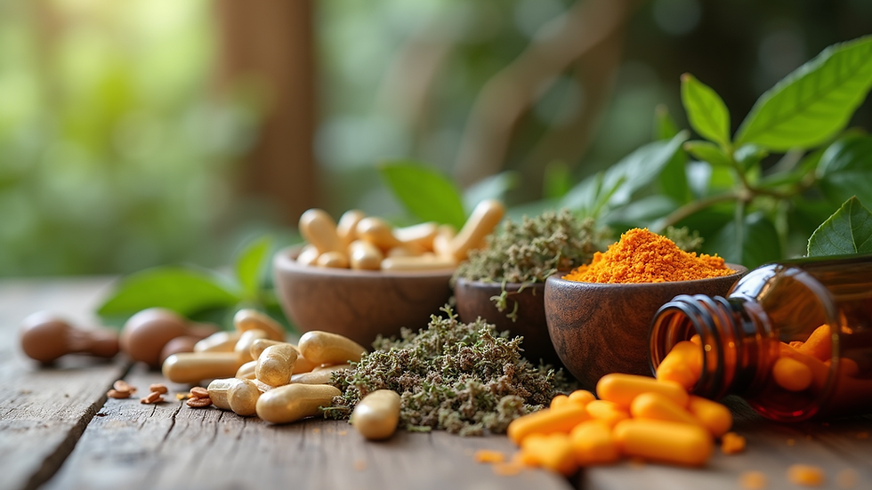 Close-up view of Ayurvedic herbs and natural supplements arranged on a wooden table