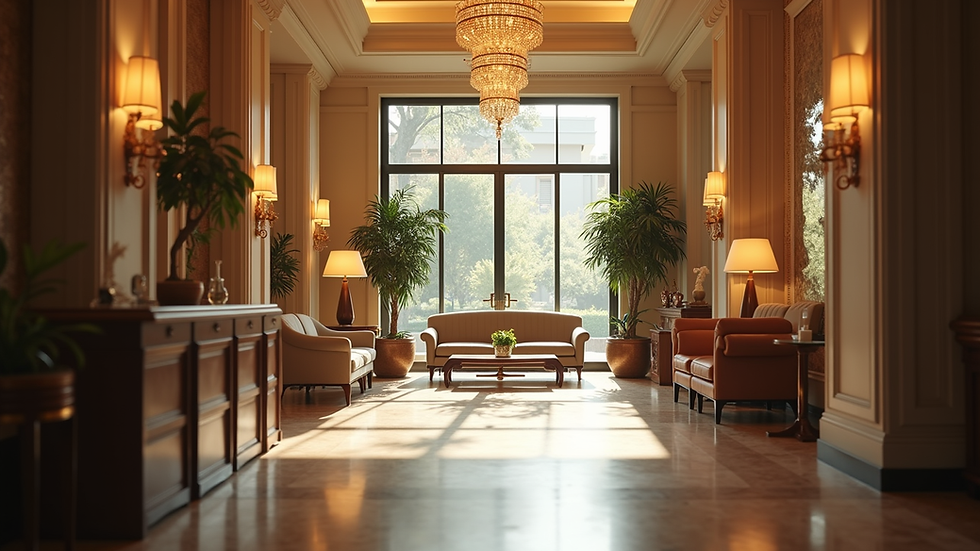 Eye-level view of a luxury hotel lobby with elegant furnishings