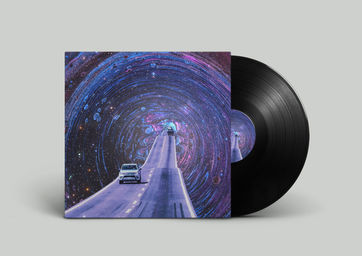 Album Cover Design of a road with two cars coming out from a painted portal. Artwork by Elysian Vision.