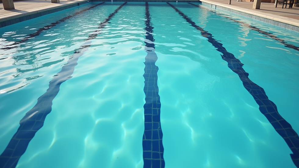 High angle view of calm swimming pool with lane dividers and clear water