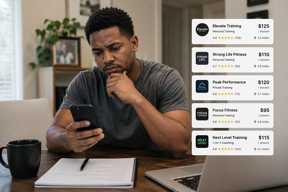 man comparing personal trainer prices in Cincinnati on smartphone
