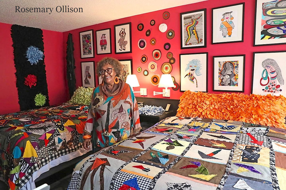 Rosemary Ollison standing in her art decorated room at St. Kates Hotel