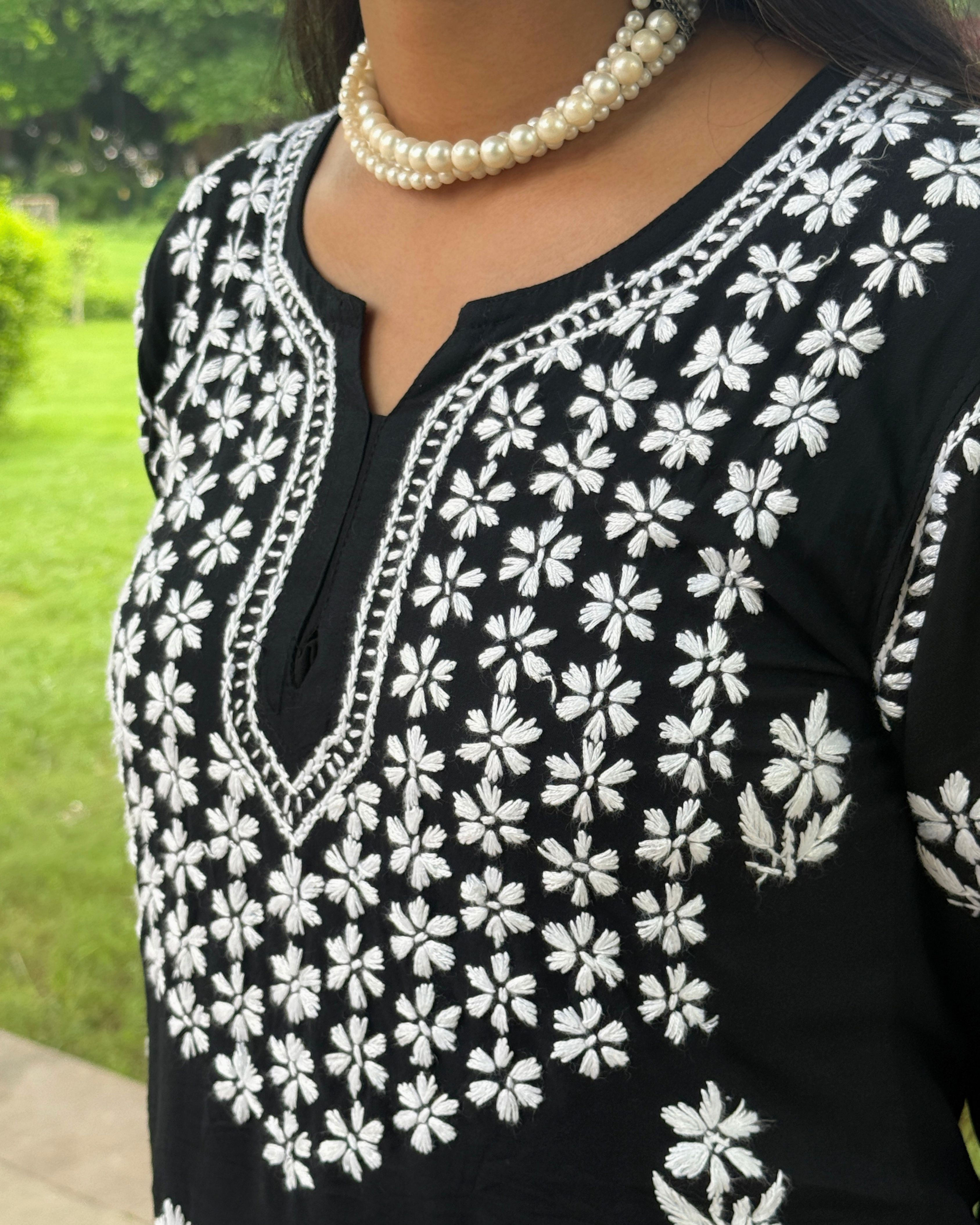 Midnight Grace Chikankari Kurti (Black with White Embroidery)