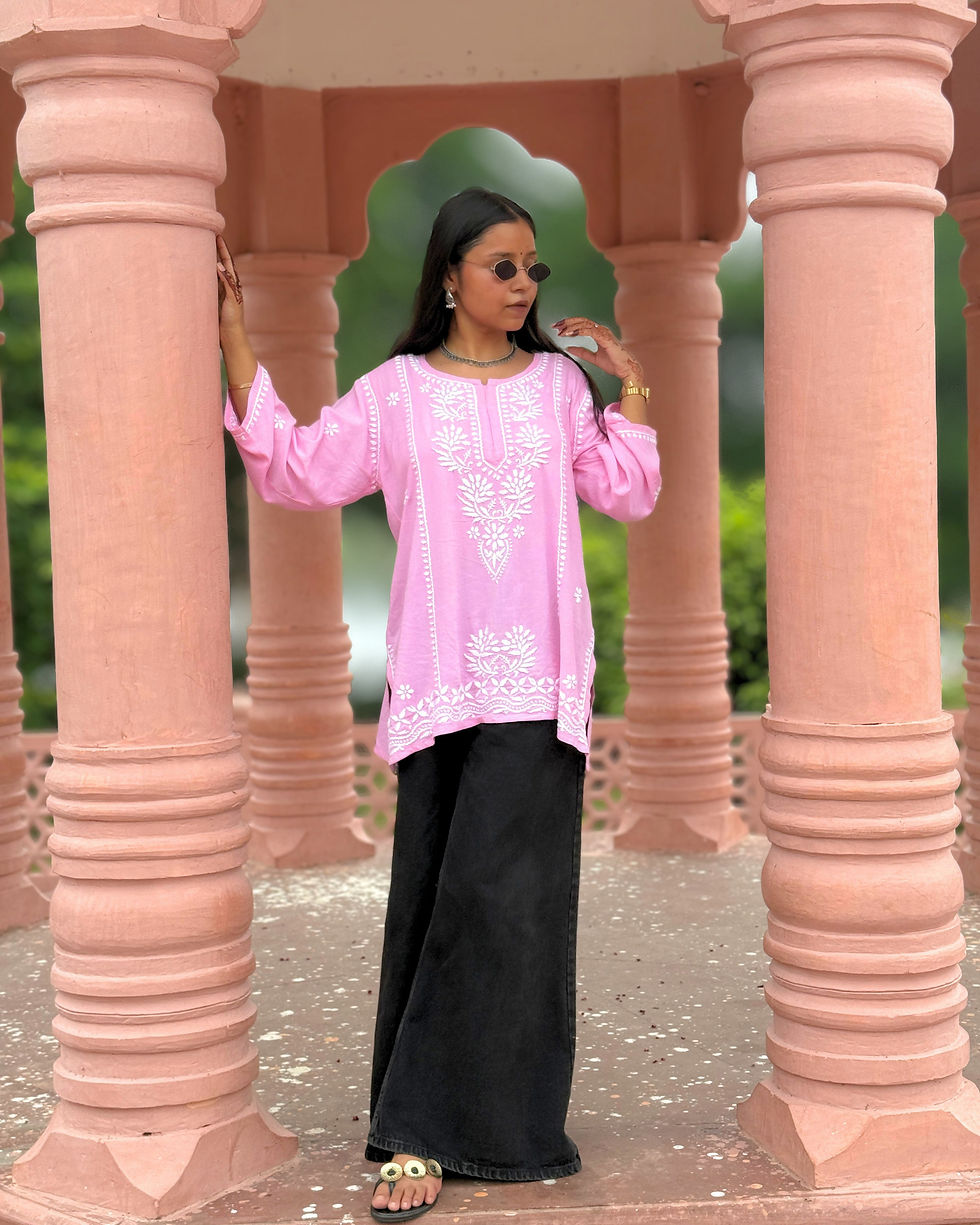 Thumbnail: Blush Blossom Chikankari Kurti  (Light Pink with White Embroidery)