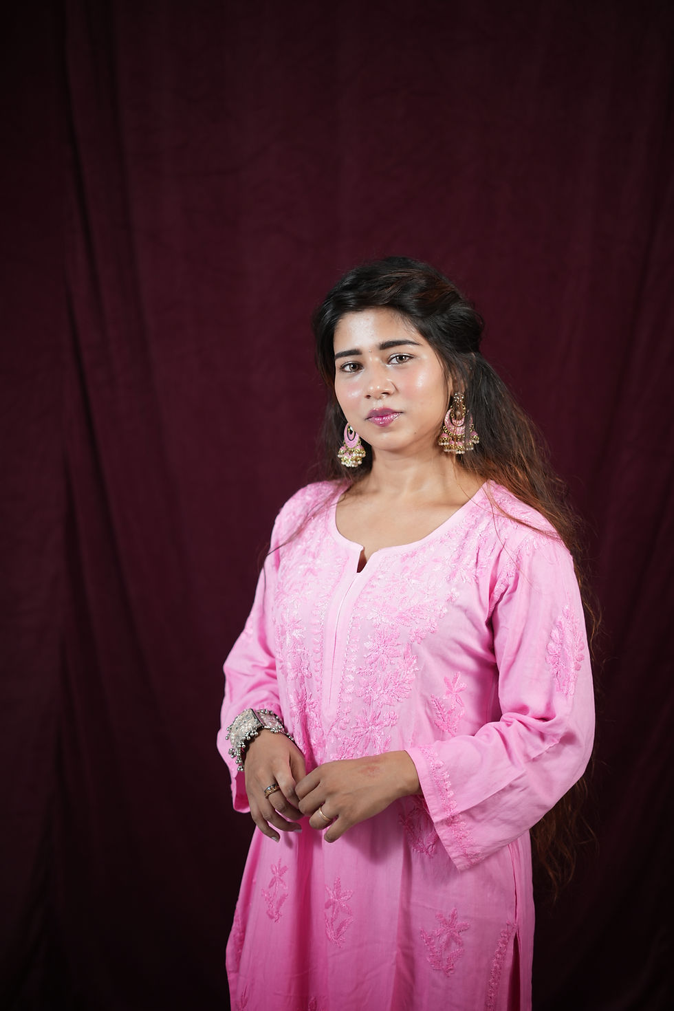 Thumbnail: GULABIYA Dual-Shade Pink Hand-Embroidered Chikankari Kurti Set