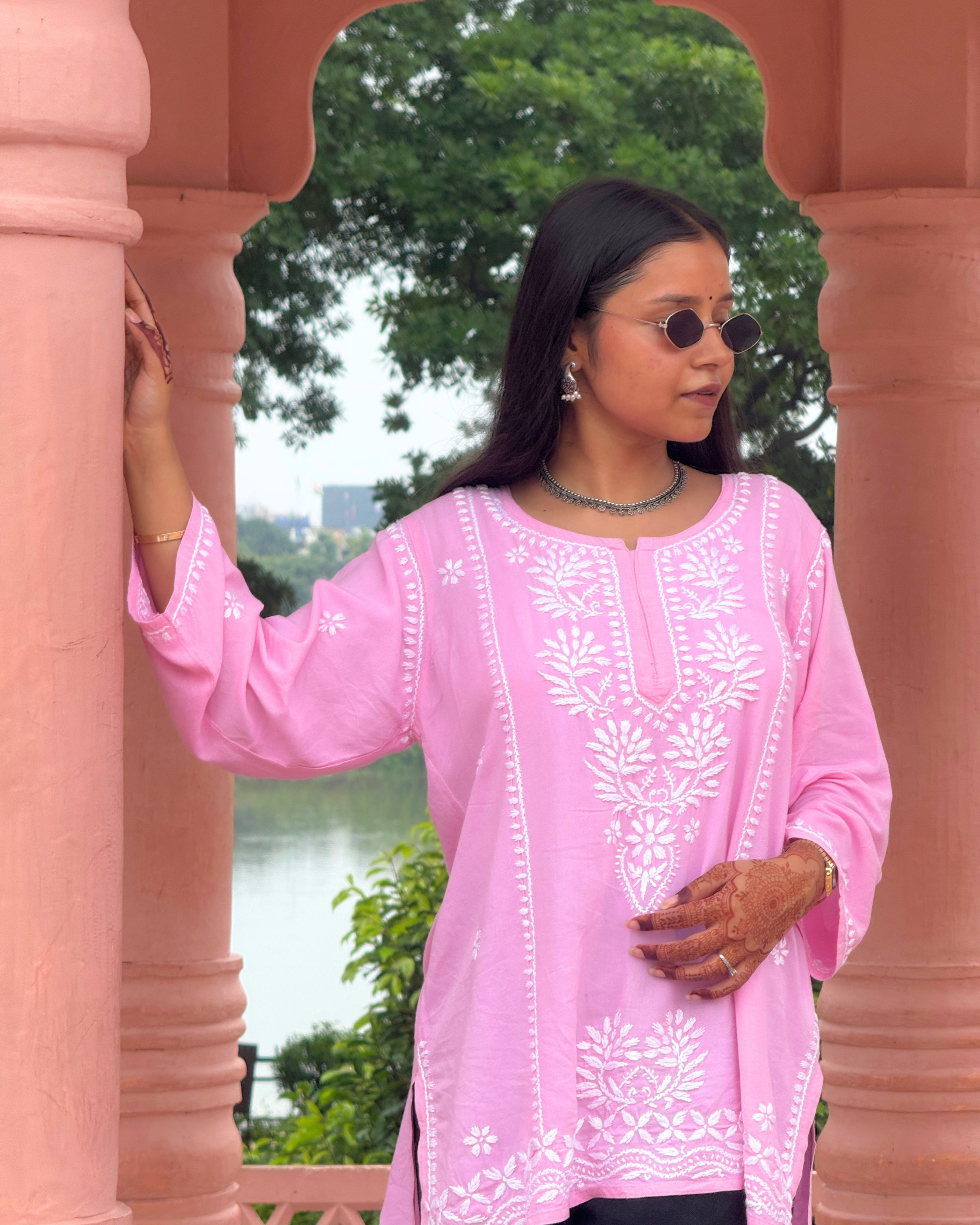 Blush Blossom Chikankari Kurti (Light Pink with White Embroidery)