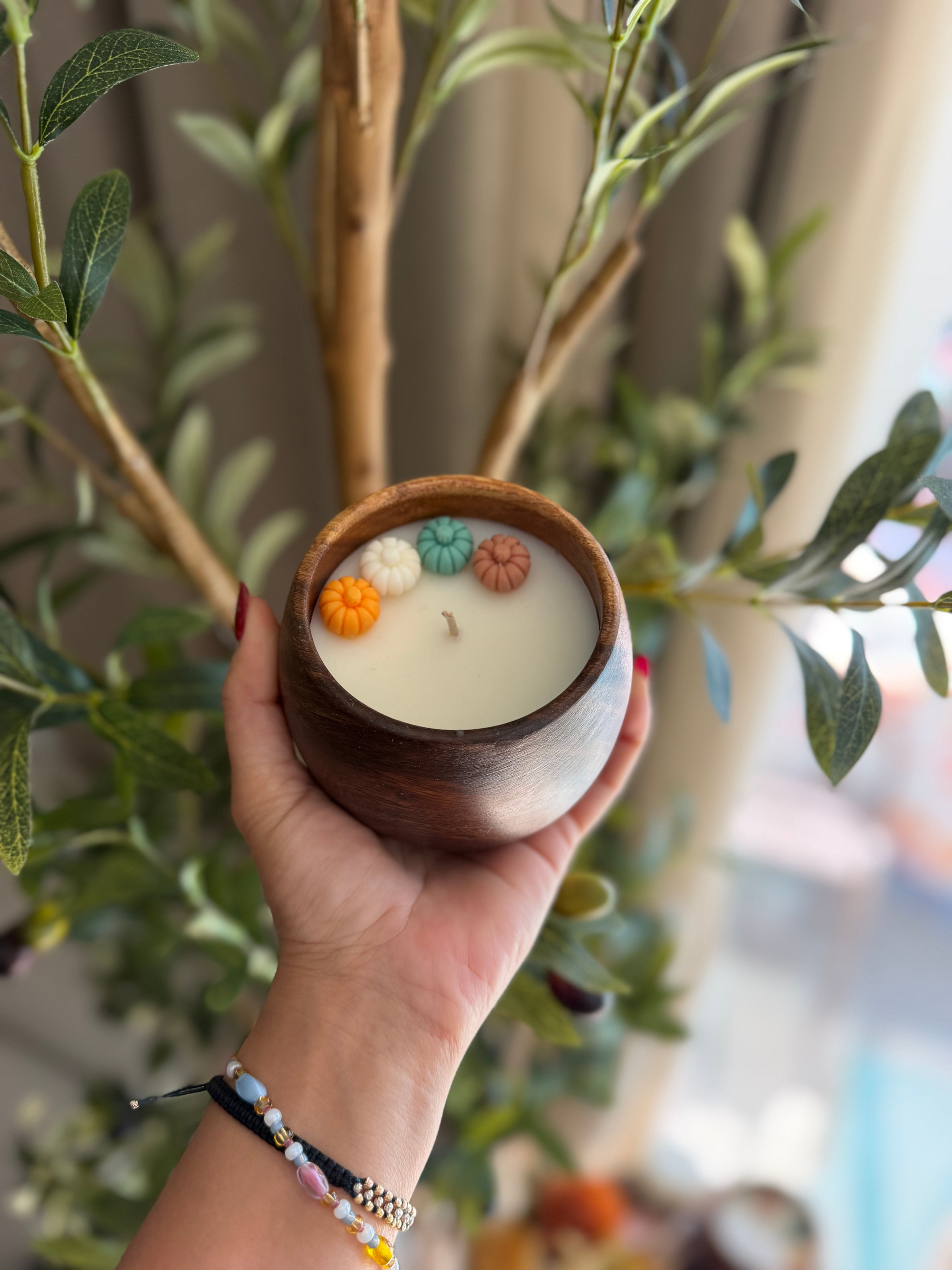 Handmade acacia wood bowl candle