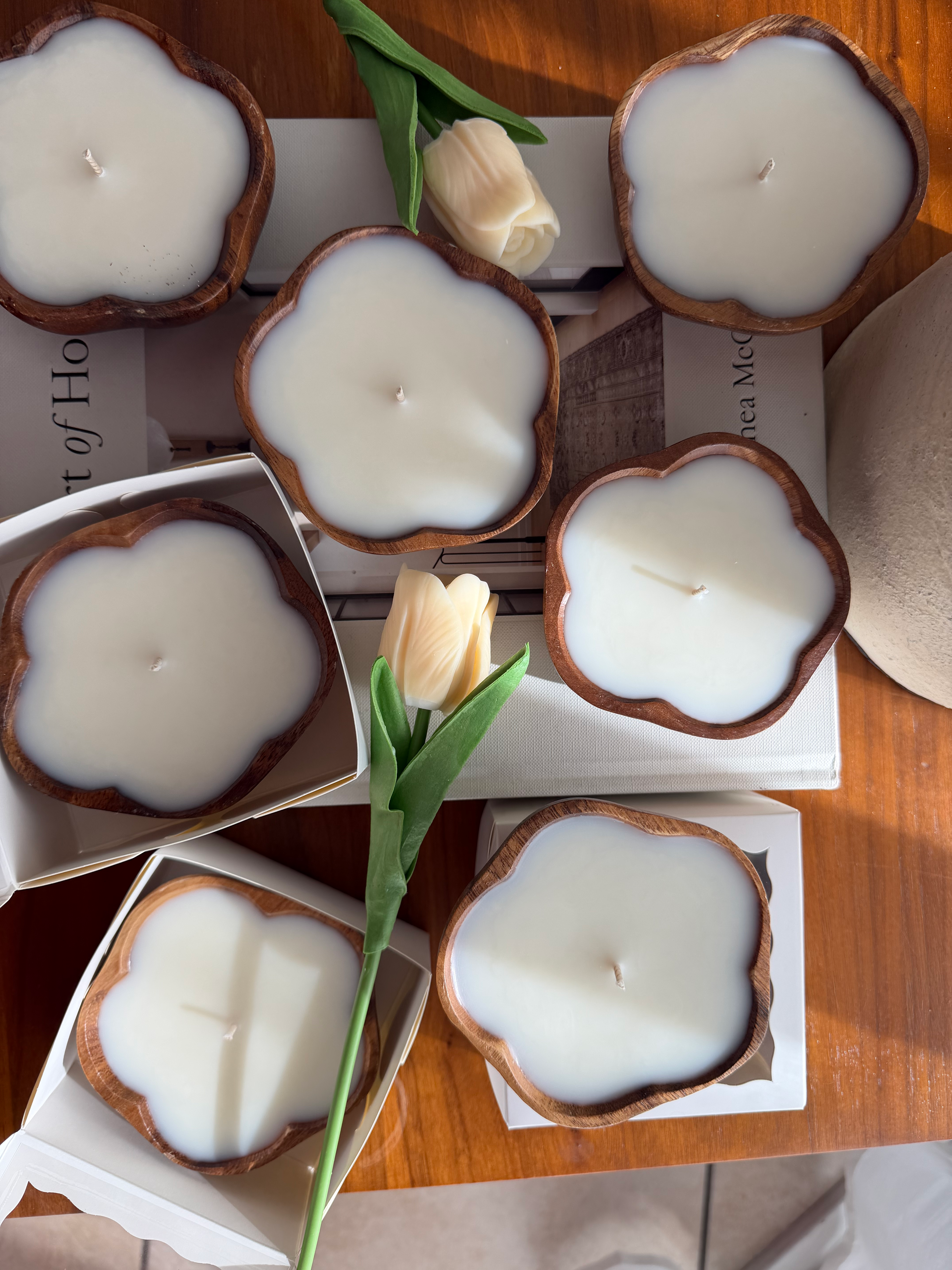 Flower Shaped Wooden Bowl Candle 