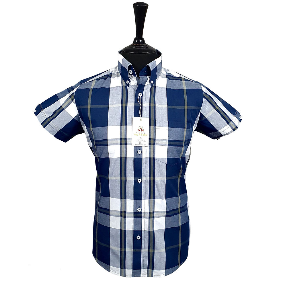 Thumbnail: Navy Olive White Check Short Sleeves Shirt 5346