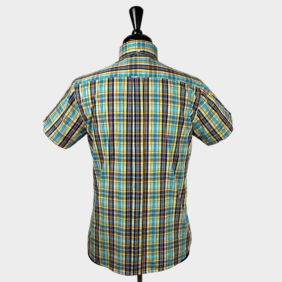 Thumbnail: Orange Yellow Navy Check Short Sleeves Shirt 5396