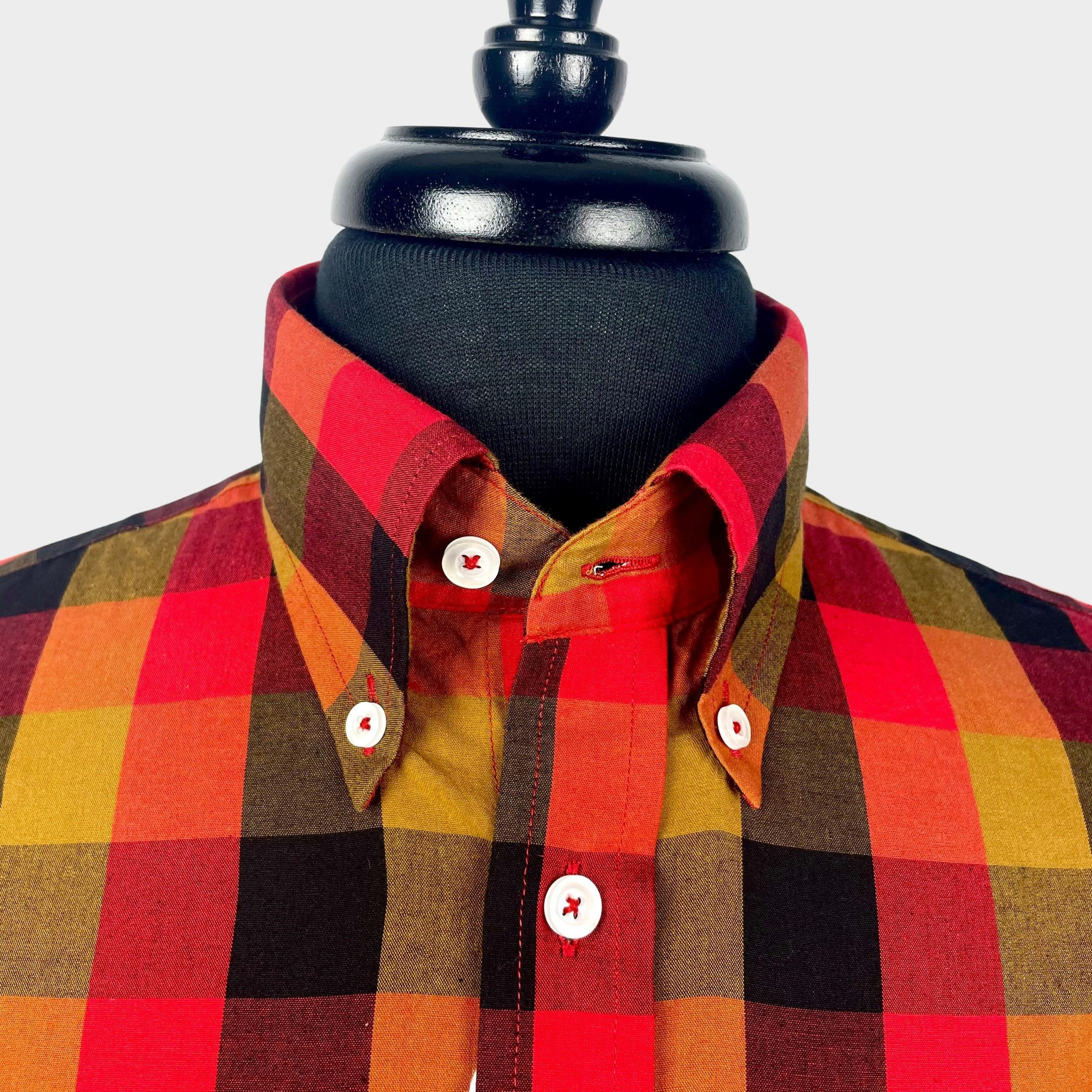 Red Copper Black Gingham Check Short Sleeves Shirt 5384