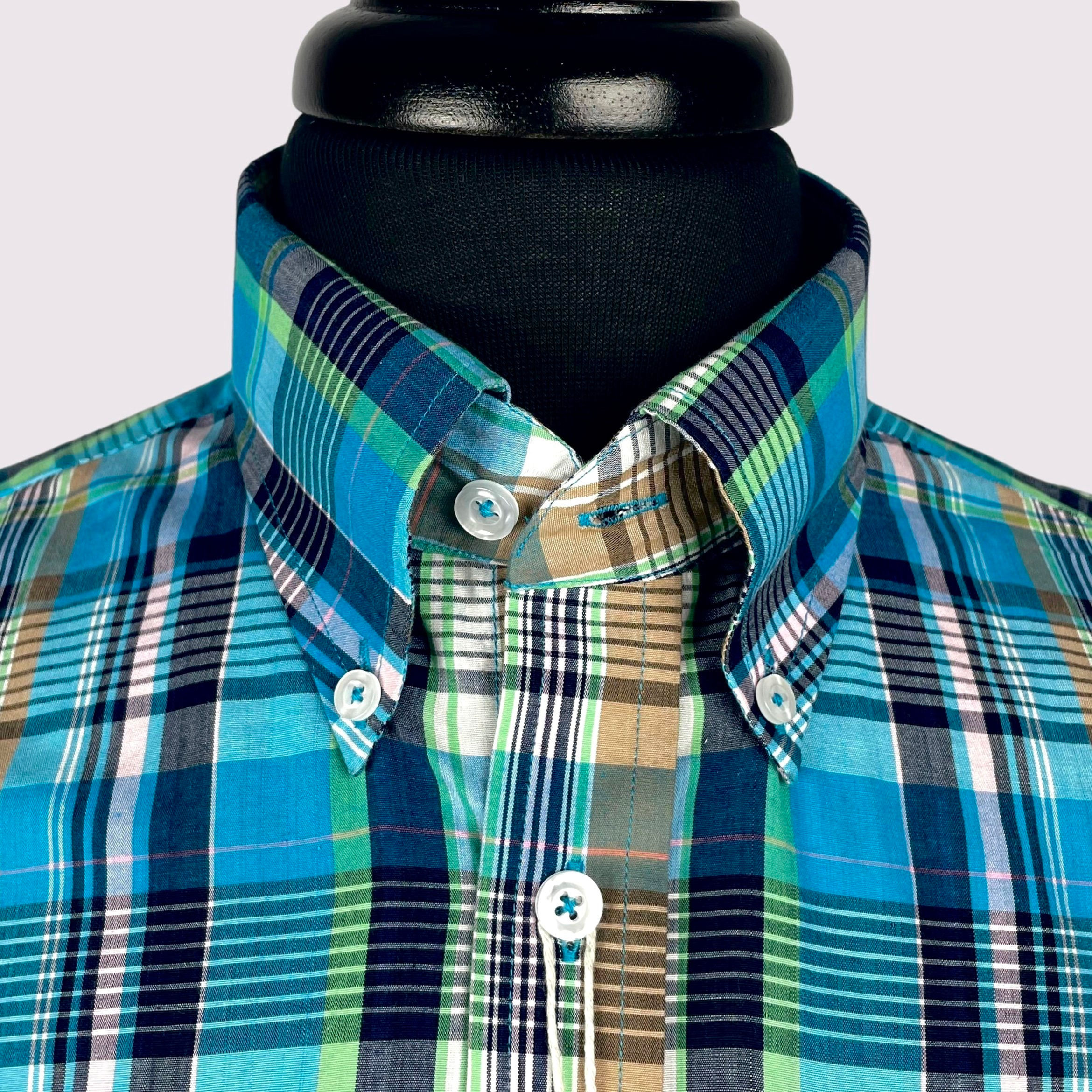Cobalt Blue Madras Check Short Sleeves Shirt 5352
