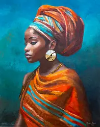 Painting of an African woman in vibrant red, blue and orange garments with a matching head cloth set against a blue background with gold shield shaped earings