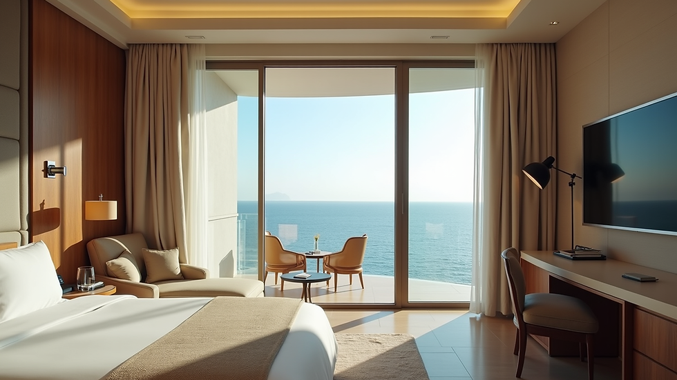 Eye-level view of a luxury hotel suite with ocean view balcony