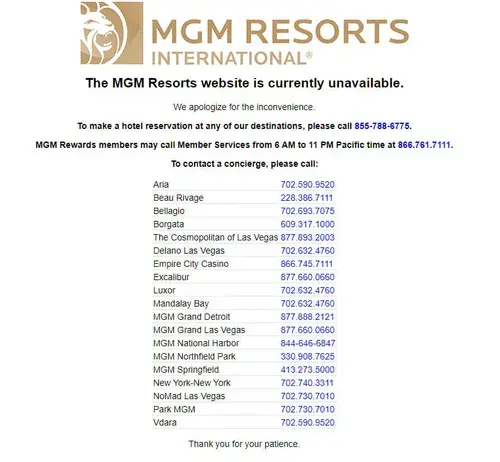MGM Resorts International Website Error Message