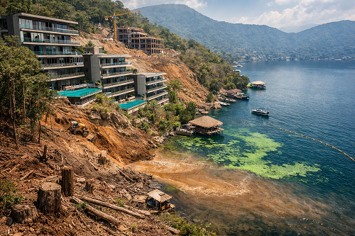 Imagen creada. de potenciales escenarios del desarrollo y contaminación en el lago Coatepeque.