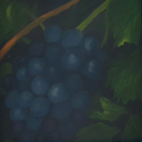 Oil painting depicting the rich dark colours of Pinot Noir grapes. Loved by wine buffs.