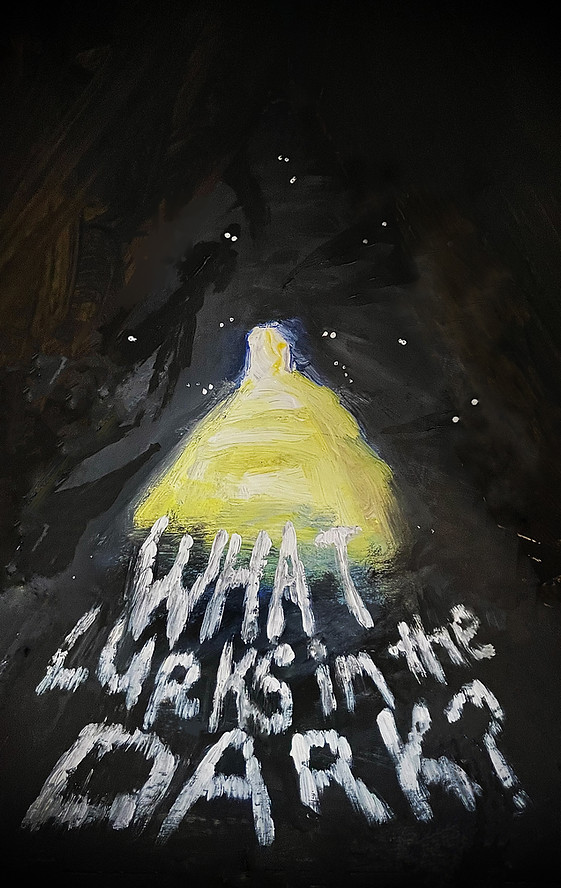 An open door releases light into a dark room, illuminating the words "WHAT LURKS IN THE DARK". Shadowy figures in corners.