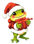 Illustration of a little frog wearing a Santa Claus outfit and carrying a present