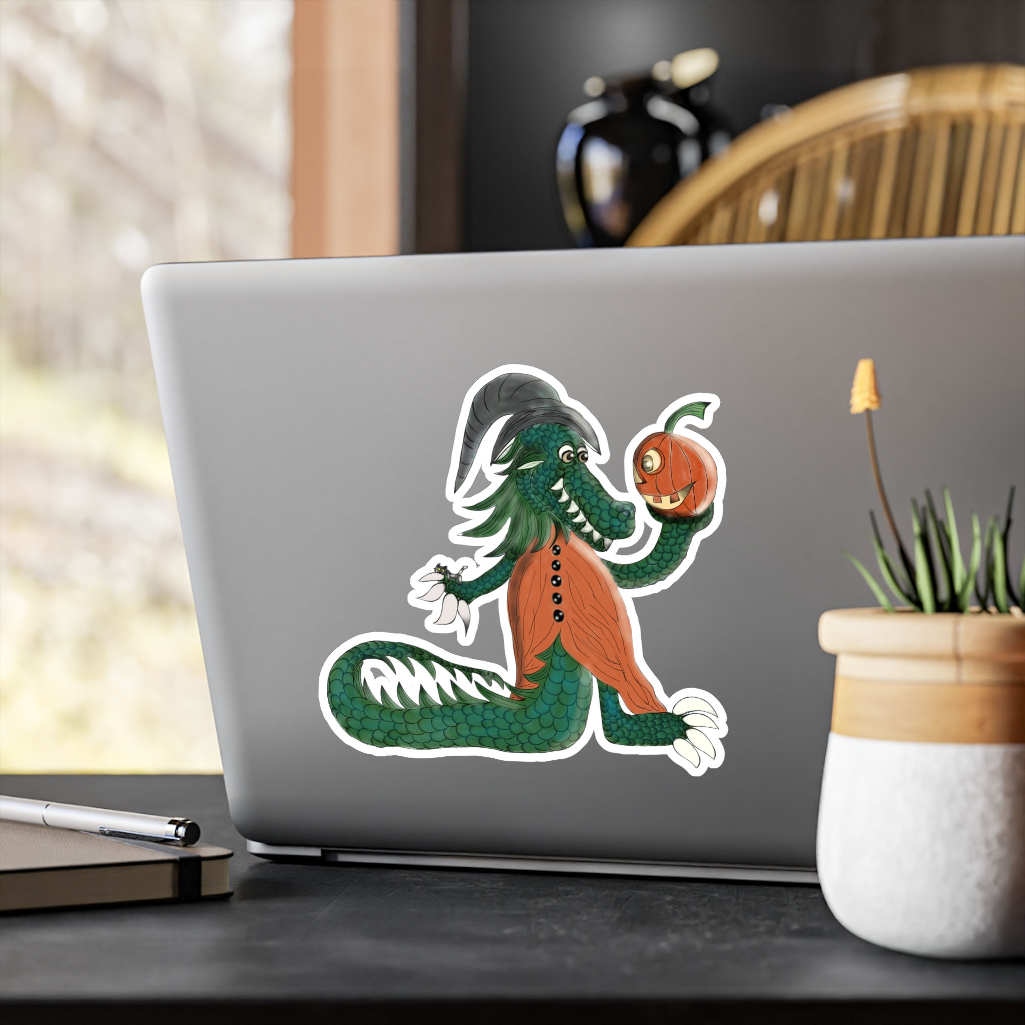 Halloween Horrendactus Dragon Holding Jack-o'-Lantern Kiss-cut Sticker