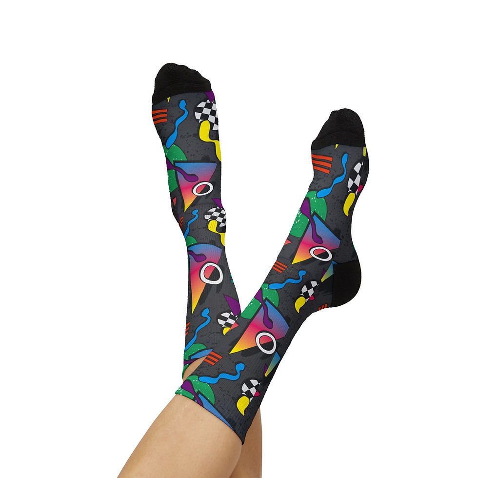 Thumbnail: 90s Synthwave Vaporwave GenX Geometric Soup Sublimation Socks | All Over Print