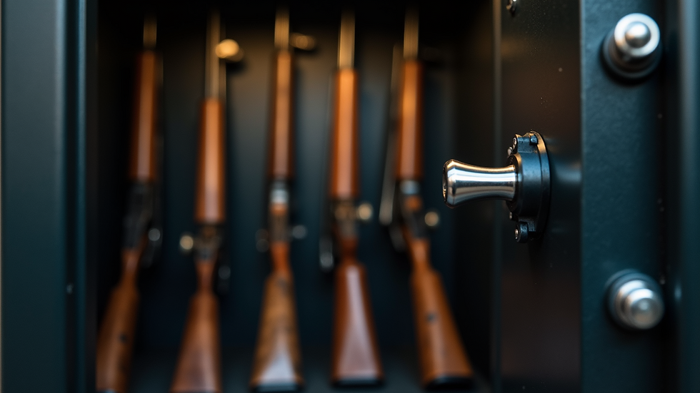 Close-up view of a gun safe with firearms stored inside