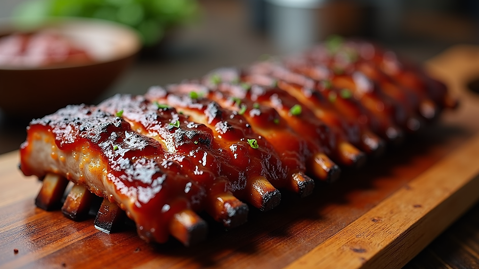 Close-up view of smoked pork ribs with BBQ sauce