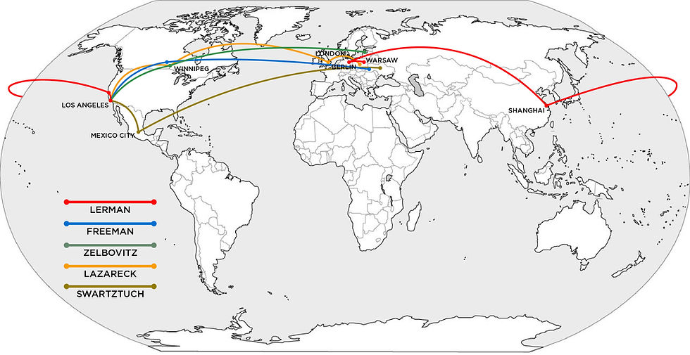 Migrations of Logan Lerman's family fleeing Nazi controlled Europe. Hollywood Ancestry / Mike Batie
