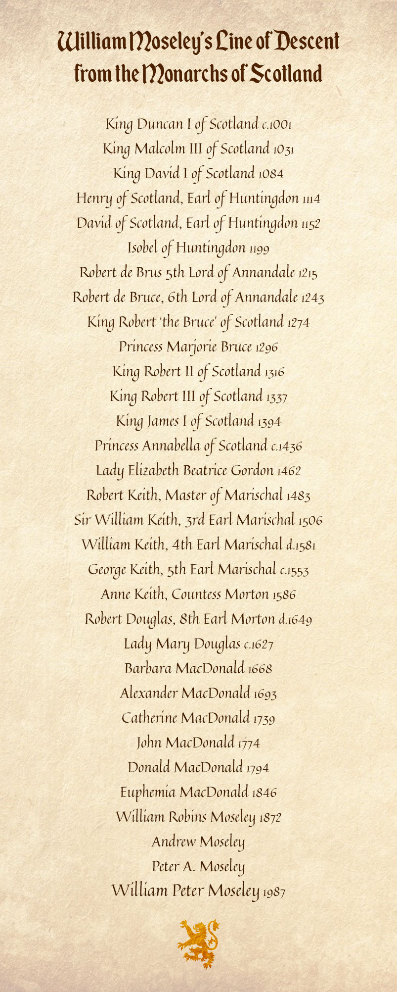 Scroll showing William Moseley's line of descent from Scottish royalty by Mike Batie.