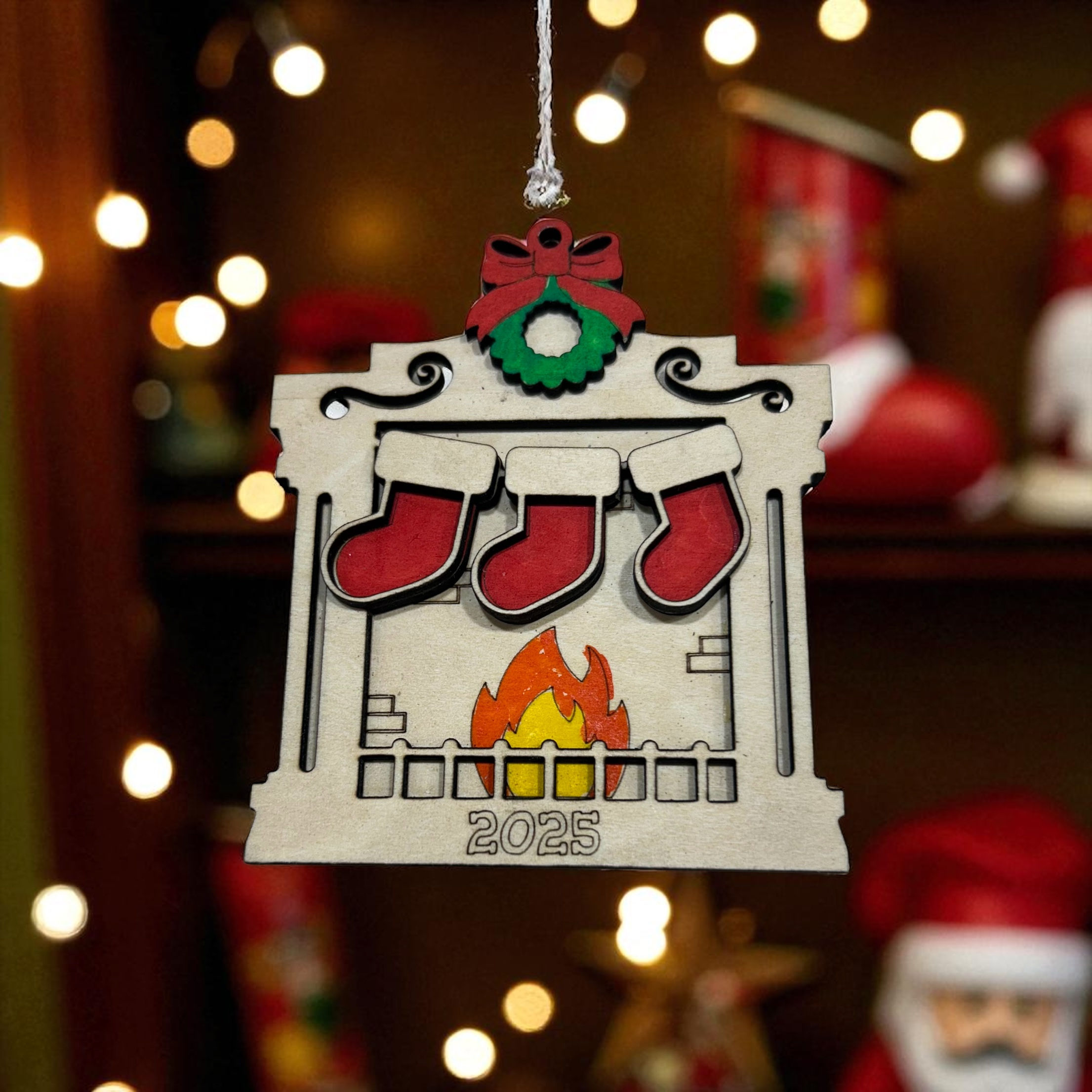 Customizable wooden Fireplace with Stockings Ornament