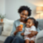 black American female mother holding liquid orange medication from Saint cloud Pharmacy