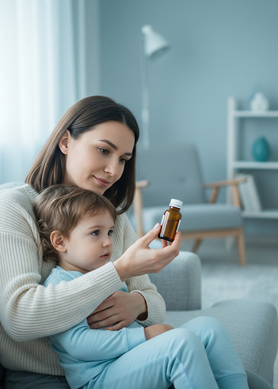 mom and her kid in living room holding a