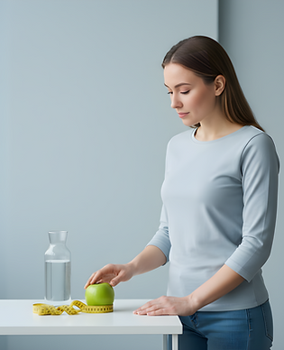 A woman stannding by a table with A measuring tape placed on the table beside a green appl