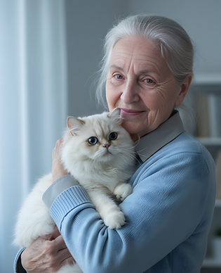 old lady smiling holding and cuddling a very cute furry cat__clear and a little bit dim ba