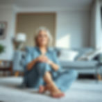 A middle-aged American woman sits comfortably after ending long trip of searching for Pharmacy near me