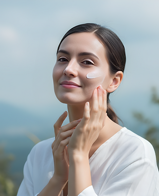 A woman gently examining her skin under natural sunlight, trying to mosttiruze her sking w
