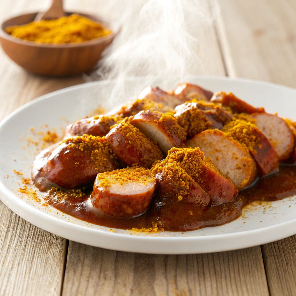 Currywurst Klassich oder Vegan mit Hausgemachter Currysoße.