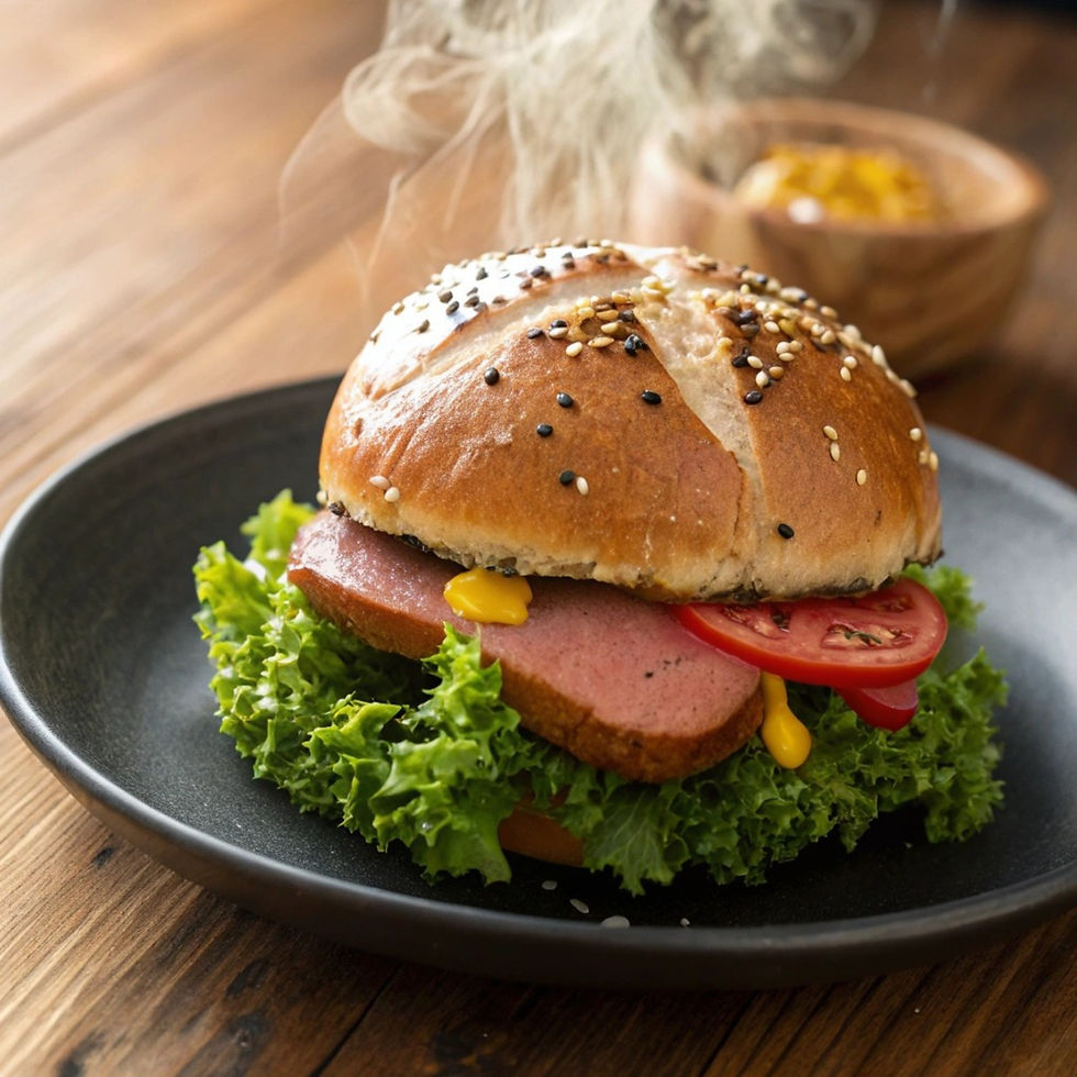 Hausgemachter Leberkäse-Burger mit Spezialsenf im frischen Brötchen