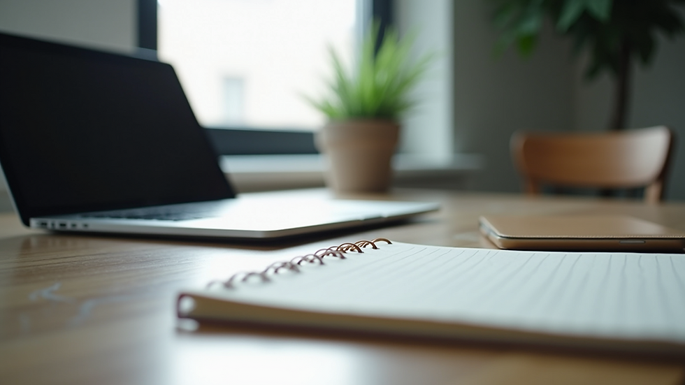 Eye-level view of a modern office desk with a laptop and notes on personal growth