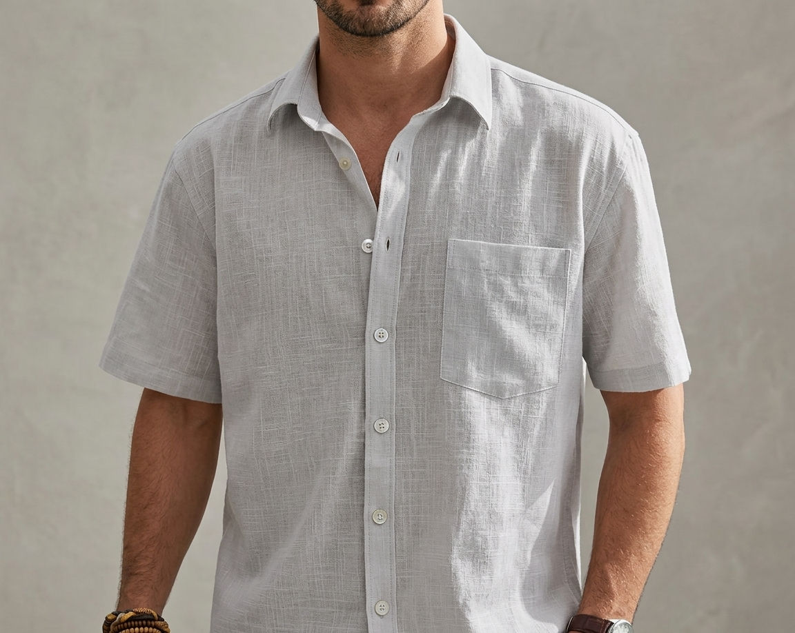 Camisa de Manga Curta em Linho Texturizado Premium – Sofisticação Atemporal