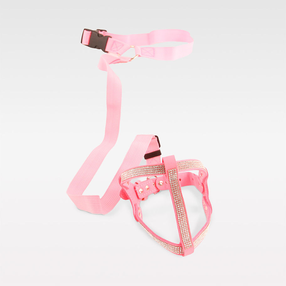 Rosaroter Sicherheitsgurt kombiniert mit dem funkelnden DIAMOND Strass-Geschirr – luxuriöses Set für kleine Hunde, ideal für
