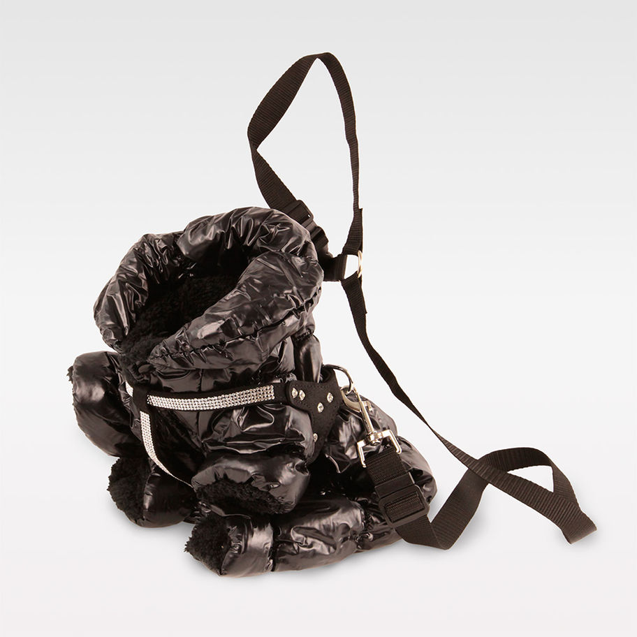 Get the Look - eleganter schwarzer Schneeoverall und DIAMOND-Geschirr mit Sicherheitsgurt für kleine Hunde.