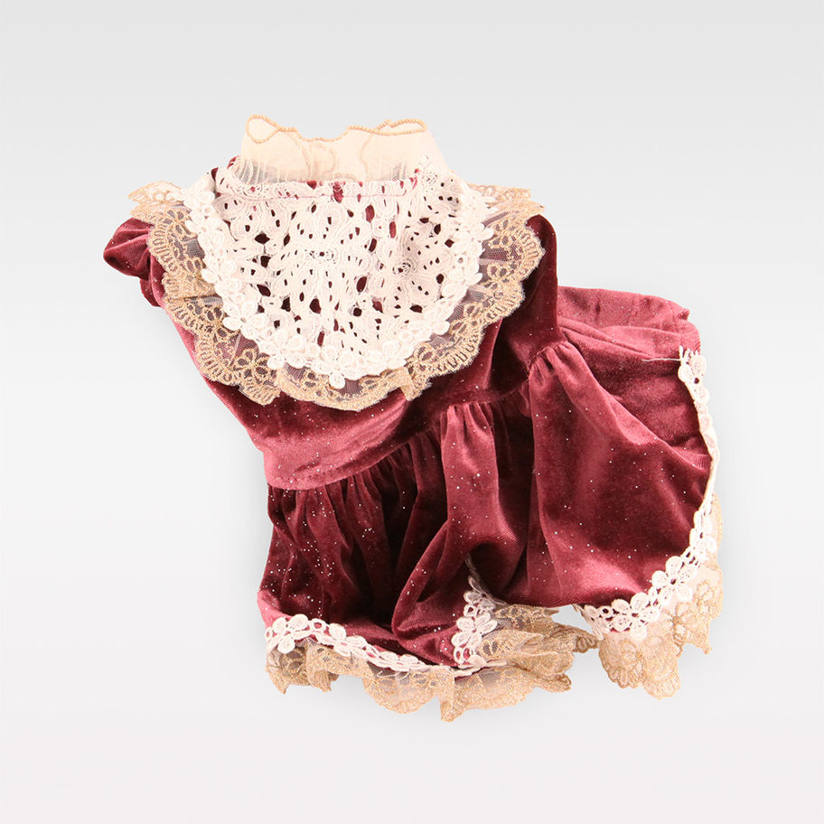 VIPDOG Hundekleid „Château Chic“ Bordeaux Beige mit Spitze – festliches Kleid für kleine Hunde