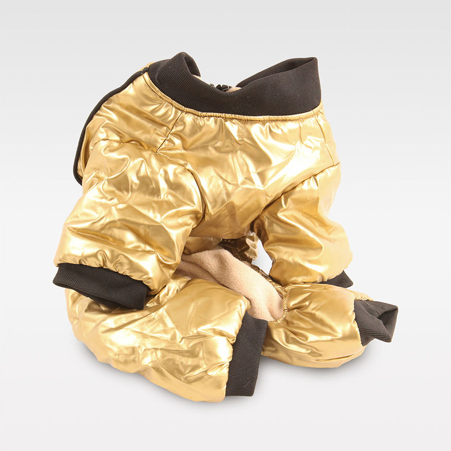 Schneeoverall für kleine Hunde: metallischer Look, schwarze Linien und Bein-Schutz – perfekt für kalte Tage.