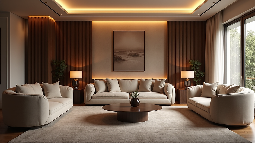 Eye-level view of elegant living room with premium furniture and warm lighting