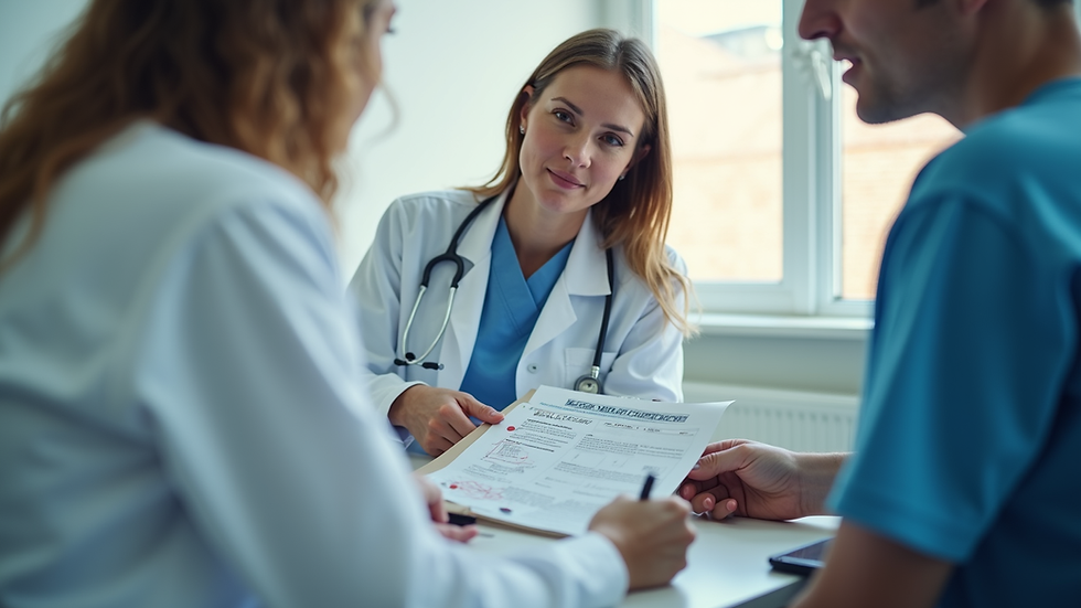 Eye-level view of a healthcare professional discussing health plans with a patient