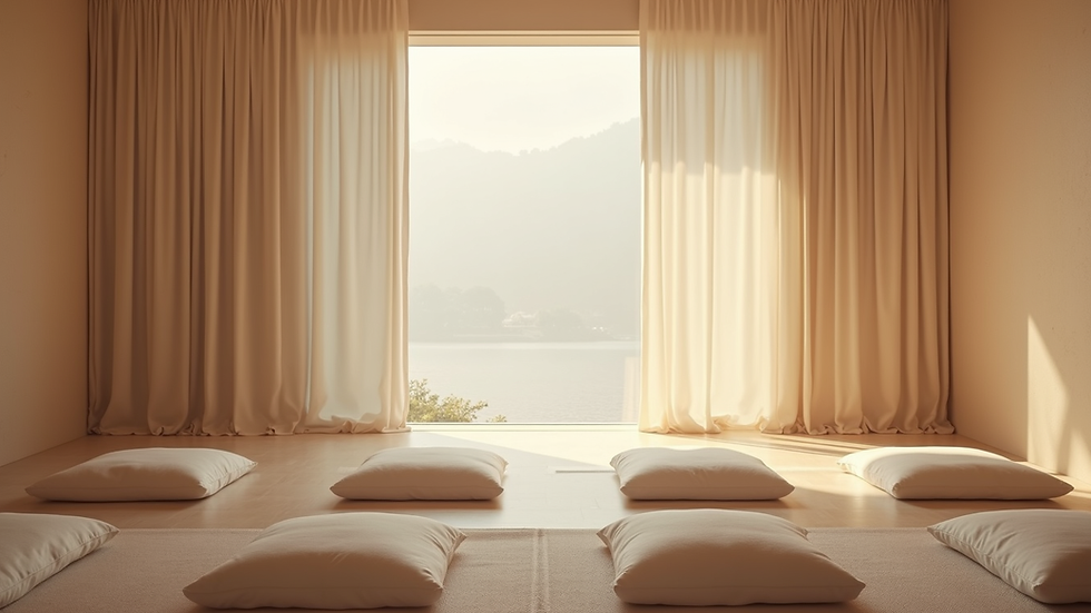 High angle view of a calm room with meditation cushions and soft lighting