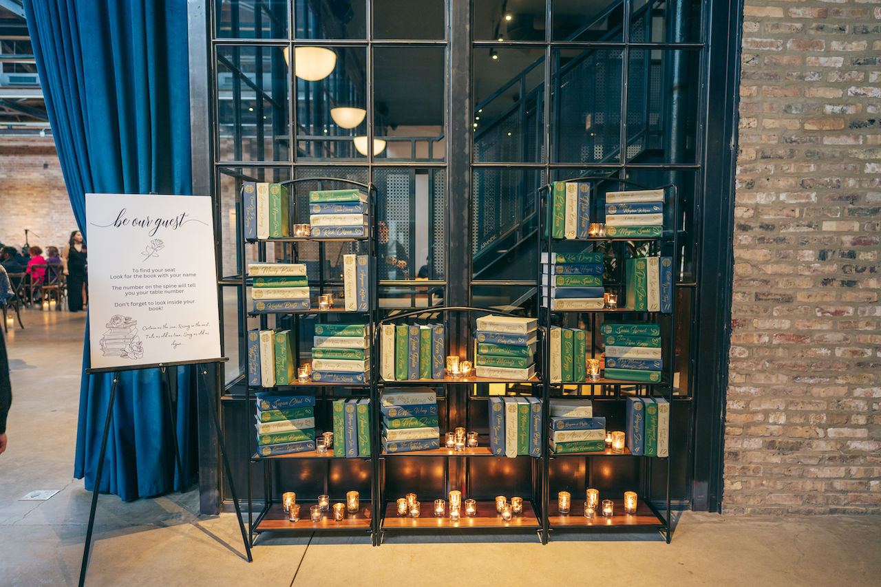 Bookshelf details at industrial wedding venue.